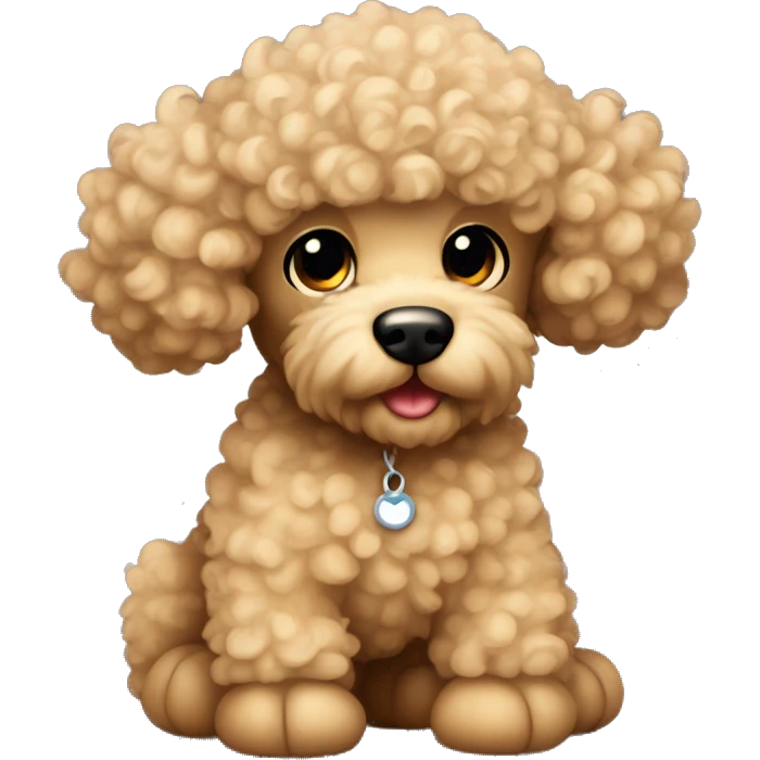 Beige tan curly teddy bear poodle with small round face black eyes long ears emoji