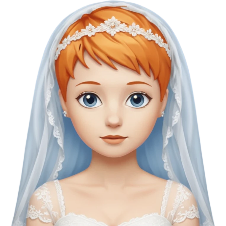 27 year old woman, orange hair, pixie cut, blue eyes, wedding dress emoji