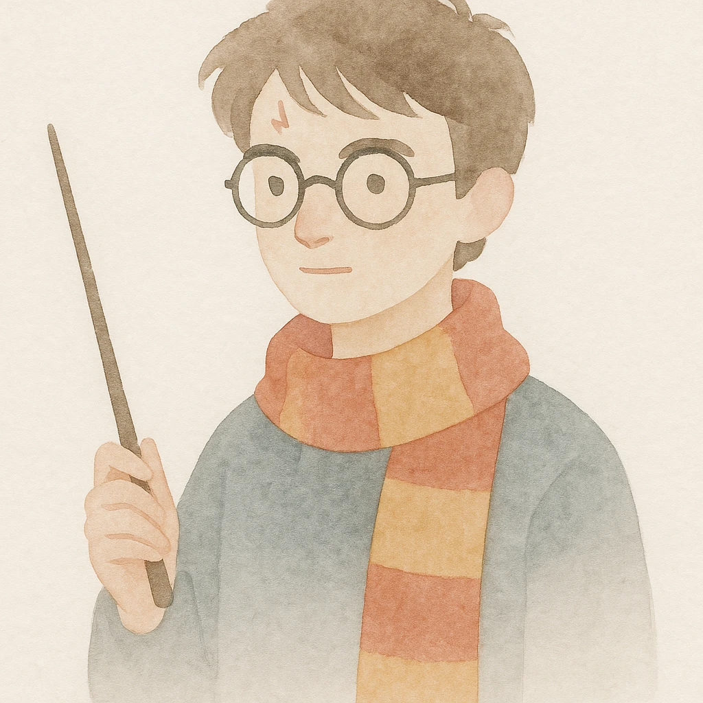 Harry Potter holding a wand and wearing a Gryffindor scarf in watercolor art style emoji