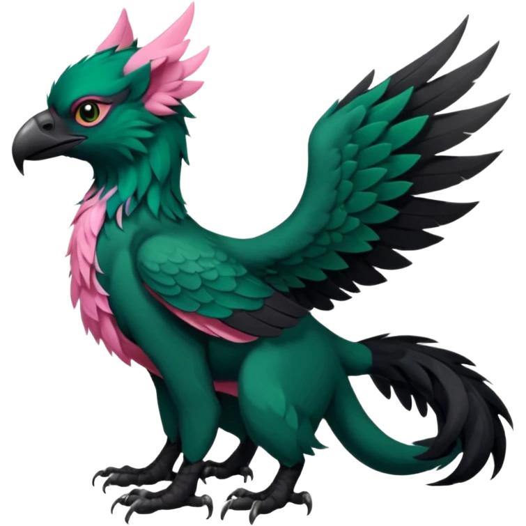 Dark-deep-Emerald-green gryphon-Trico-Nargacuga-fusion-hybrid with a long tufted tail, black beak, pink accents, black claws, black tail, majestic, realistic, furry (full body) emoji