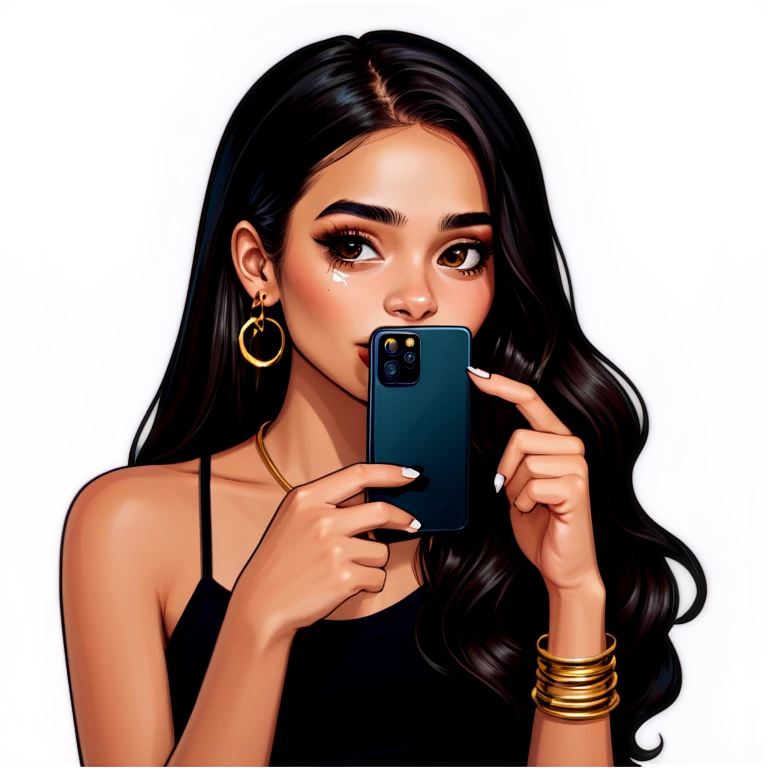 Beautiful young girl with dark choppy long hair flows as she holds her black phone with a gold septum ring that shines  emoji