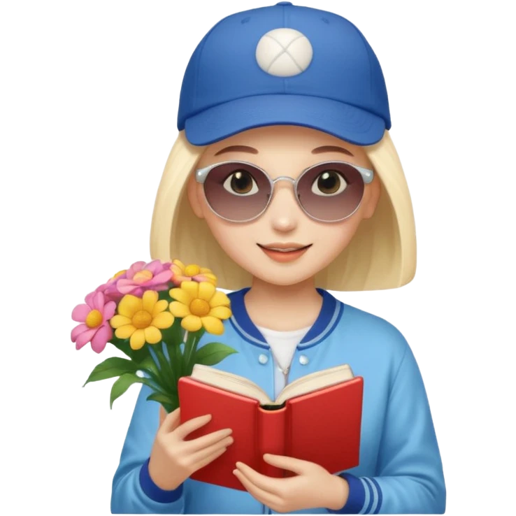 ["A happy girl with light skin, bald, wearing a baseball cap and sunglasses, dressed in K-pop fashion, is reading a book while holding a flower bouquet."] emoji