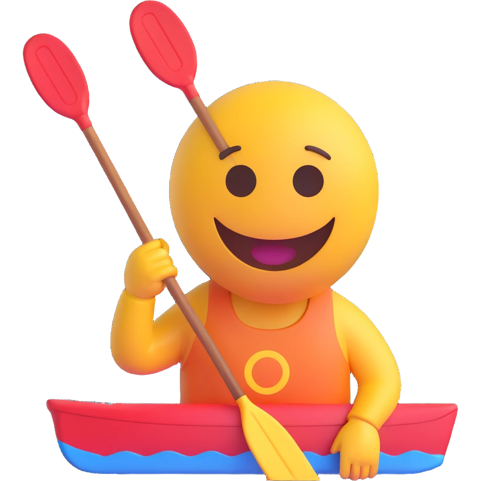 3D smiley emoji, round shape, holding kayak paddle, sporty face, transparent background (kayaking) emoji