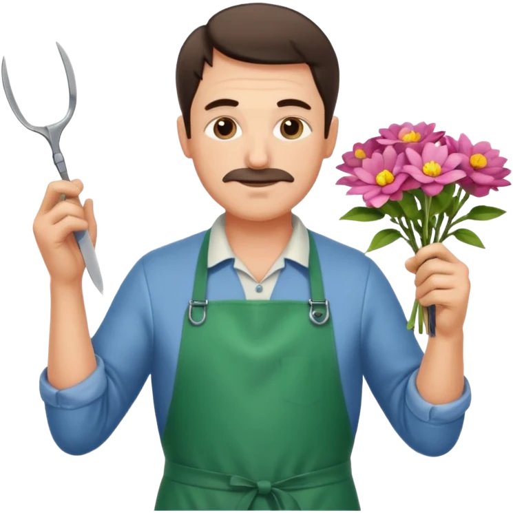 Middle-aged male florist – apron on, trimming stems with scissors emoji