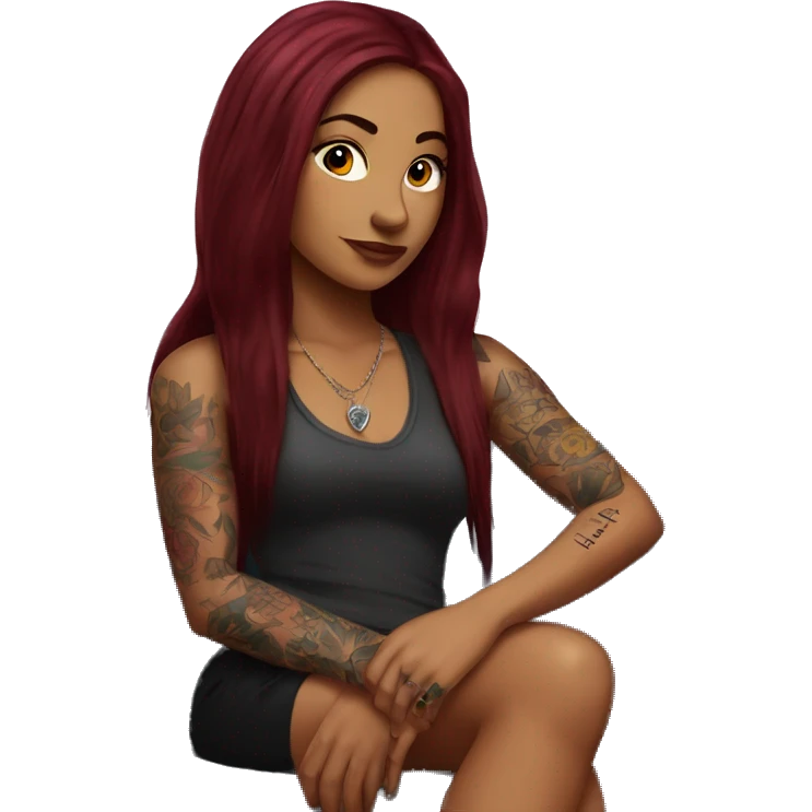 Beautiful tattooed burgundy long haired woman sitting on couch emoji