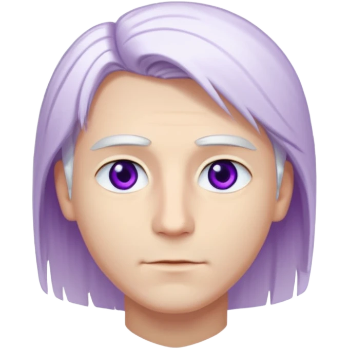 Beyaz uzun ve düz saçları olan,mor göz rengi olan, bembeyaz tenli bir erkek,genç,gözleri hafif çekik ve saçları da teni de bembeyaz olacak,genç olacak,kırışıklığı olmayacak,gözleri çekik ve mor renk olacak,alnında kırışıklık olmayacak,saçı daha beyaz olsun,genç olacak emoji