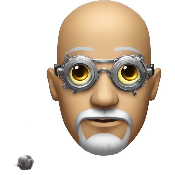 Tan bald male Latino cyborg head with grey beard, silver steampunk monocle goggles and circuits emoji