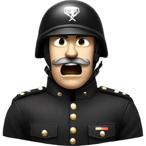 an angry screaming soldier with moustache, in black uniform and black big helmet with thunder logotype on it, white skin, bust, detalized face emoji