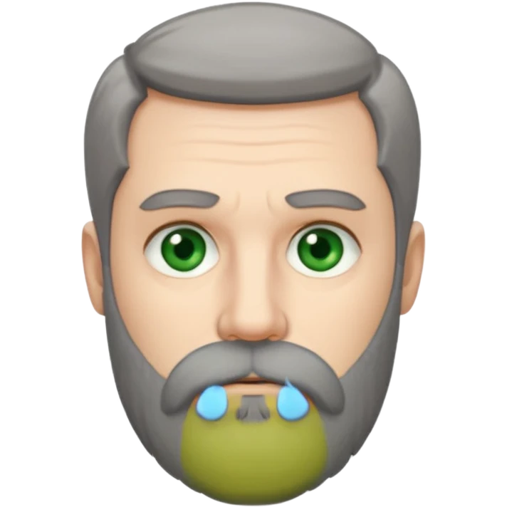 Greenish grey eyed adult man with tired look. Short dark grey hair, poor amount. He has a very long beard hanging. Pale skin. He's serious and looks tired. Make sure his hair and beard are both dark grey. emoji