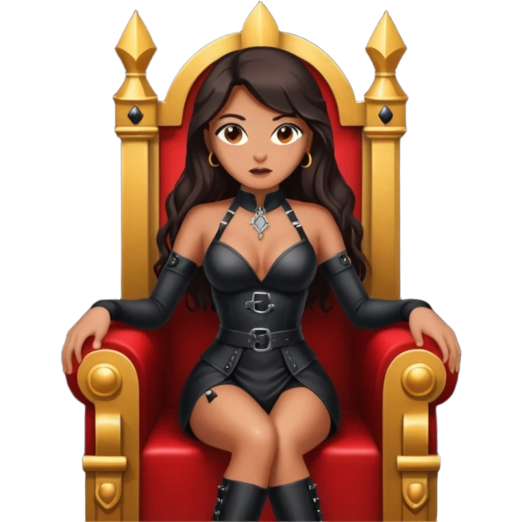 Tan skin with freckles, long dark hair, hazel eyes Dominatrix sitting on a throne emoji