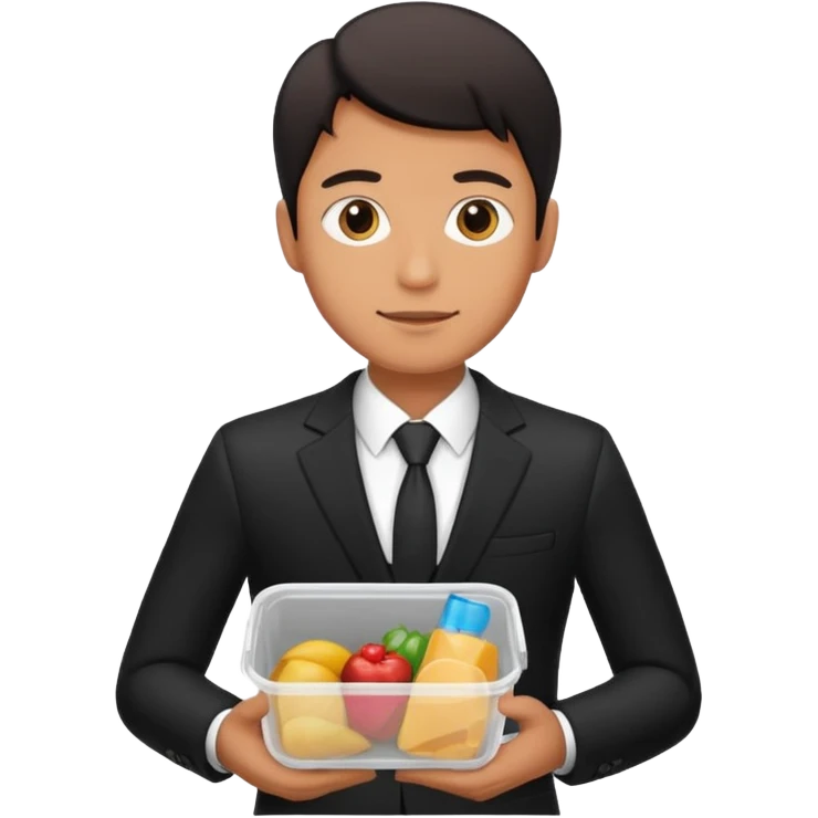 man with suit holding food container emoji