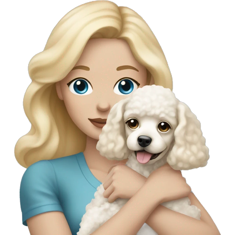 woman with  blonde straight hair and blue eyes is holding a cream poodle puppy emoji