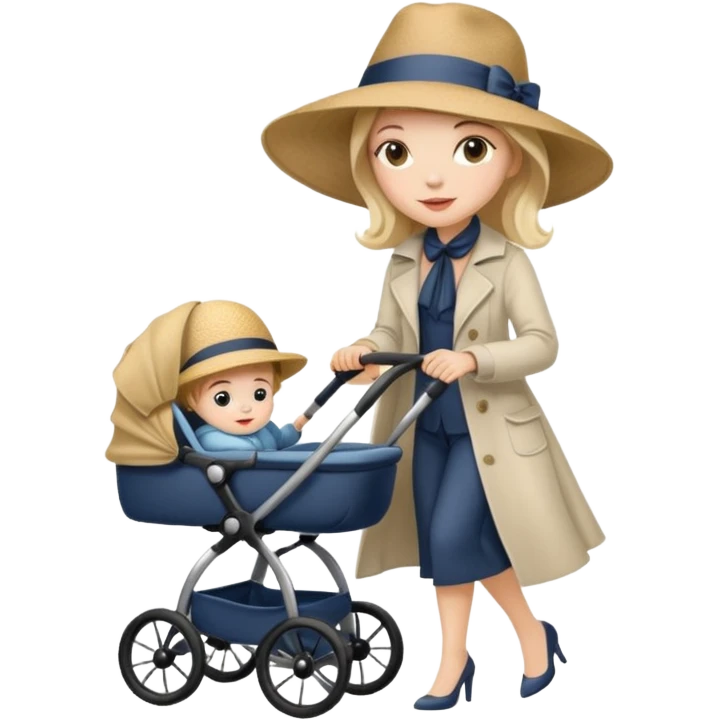 A stylish mother wearing a wide-brim hat, pushing a stroller. emoji