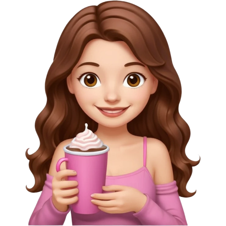 menina branca com cabelos castanhos longos ondulados com xícara rosa na frente com chocolate quente, com blusa de alça fina emoji