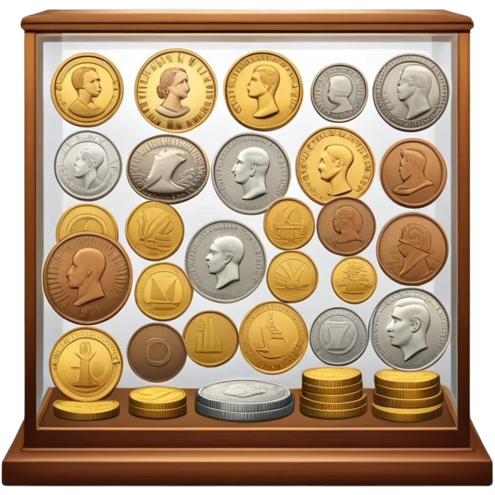 Icon for Coin Collecting: a collection of different vintage and modern coins of various forms and size, neatly arranged in a display case or on a table. The icon should highlight the diversity and historical value of coin collecting. Transparent background. emoji