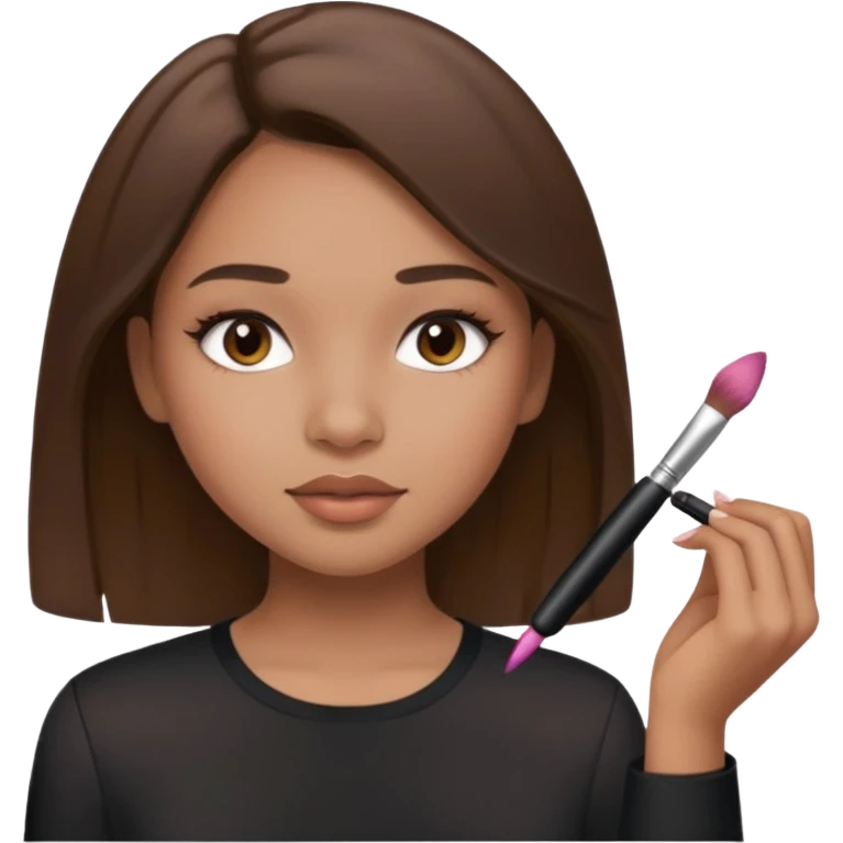 Draw a mixed-race girl applying makeup, wearing a clean girl blouse and with straight brown hair  emoji