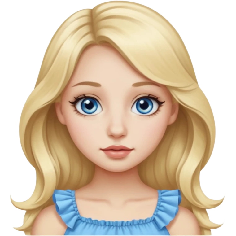 Pretty Emoji girl with close-set blue eyes and eyeliner on them, long round nose, wide not very full lips, oval face shape, long blonde hair in cute ruffle top emoji