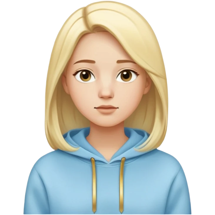 Woman with oval face, light blonde straight hair parted to the side, dreamy expression, wearing a light blue hoodie with gold and white accents emoji