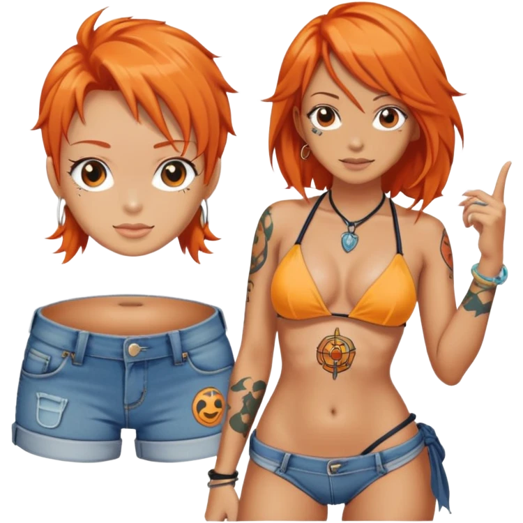 Nami with orange hair, wearing bikini top and jeans, with navigation tattoo emoji