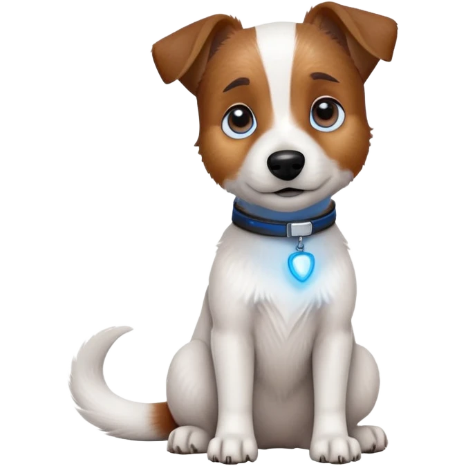 cinematic-[jack russel]-realistic-full-body-sitting-emoji,-tail-resting-loosely-beside-its-paws,blue eyes-head-tilted-dramatically, -scruffy-[brown and white]-fur,-simplified-yet-realistic-focused-features,-highly-detailed,-glowing-with-an-almost-sarcastic-glow emoji