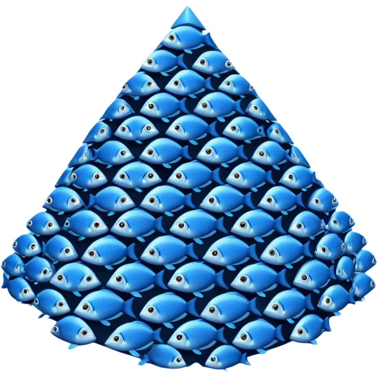 large pile of blue fish in a triangle-pyramid formation, iPhone Apple emoji style, between 2D and 3D, variation 1 emoji