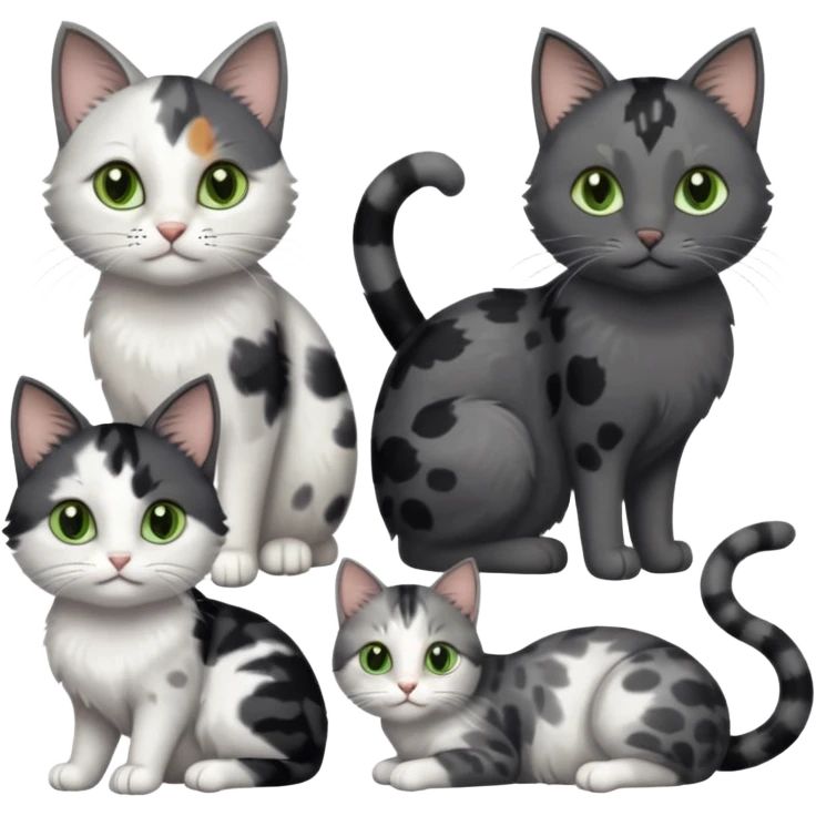 3 different coloured small cats including a dark grey and white, and a patchy calico with hazel eyes and a completely solid dark grey with green eyes and only white paws emoji
