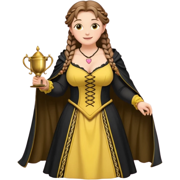 Helga Hufflepuff,brown-haired,2 braids,yellow-black medieval open dress,deep neckline,fat macromastia,black cloak decorated with gold braiding,gold cup with two handles,very kind smile,curvy busty,round rosy cheeks,full length with medieval shoes, inscription in pink heart says:"I love HELGA" emoji