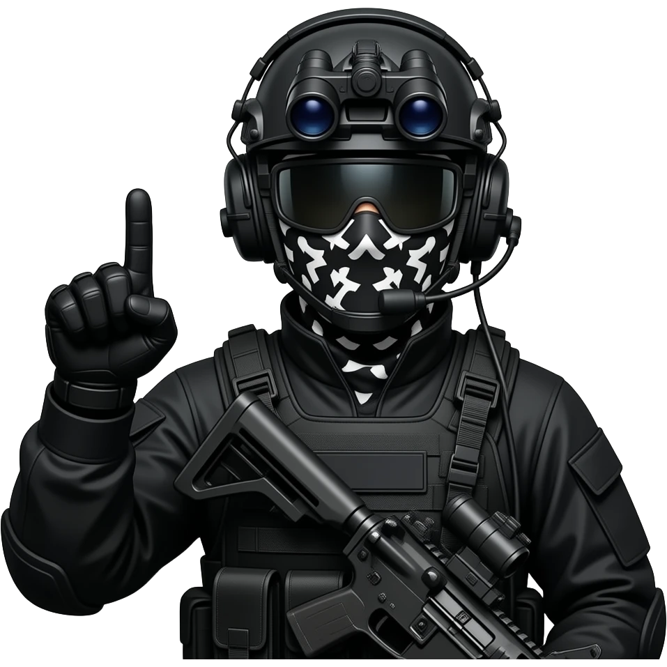 man wearing a black special tactics force outfit black fatigue boots, face total painted black and a black and white patterned balaclava and wears a headset and a big black night vision device on his headtop FATIGUE AND COMBAT BOOTS PLATE with a helmet and a mask shows her middle fingers emoji