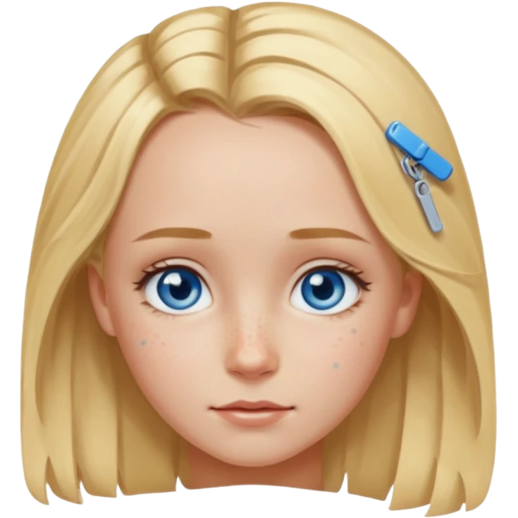 blonde girl, blue eyes with clips in hair and the biggest forehead ever emoji