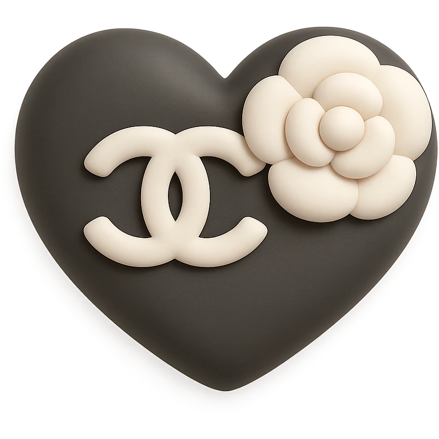 Chanel heart, soft and squishy, black and white, with a camellia flower, mochi style emoji