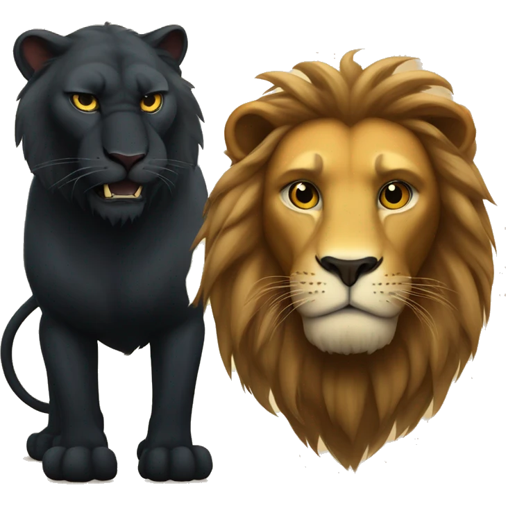 Big serious lion next to a small young black panther emoji