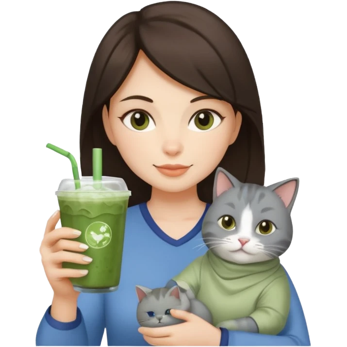 a brunette woman in here 30S drinking an iced matcha, carrying a grey cat and a map of the world emoji