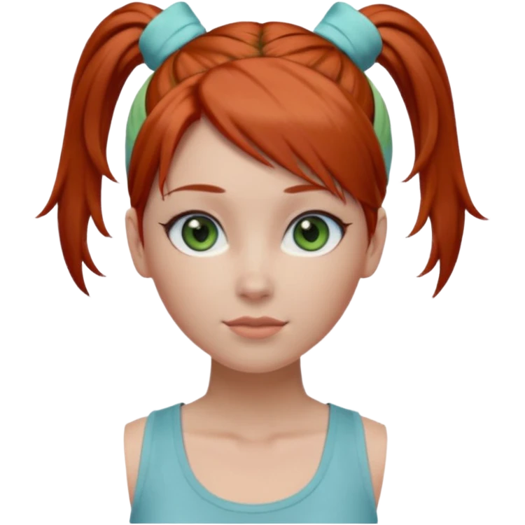 Emoji-style 3D female avatar with fair skin, large green eyes, soft makeup, and auburn-red hair tied in a high ponytail with a light blue hairband.
Wearing a light gray sleeveless tank top, centered front view, smooth realistic shading, clean lighting, isolated background, polished emoji realism. emoji