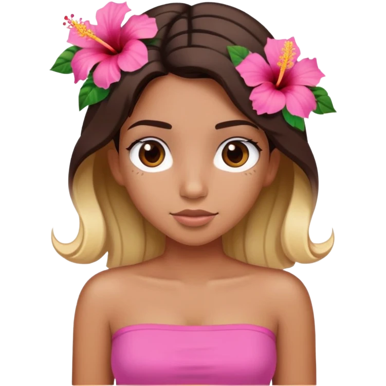tan girl with dark brown hair and blonde highlights with a hibiscus flower in her hair wearing a pink tube top with tan lines showing emoji