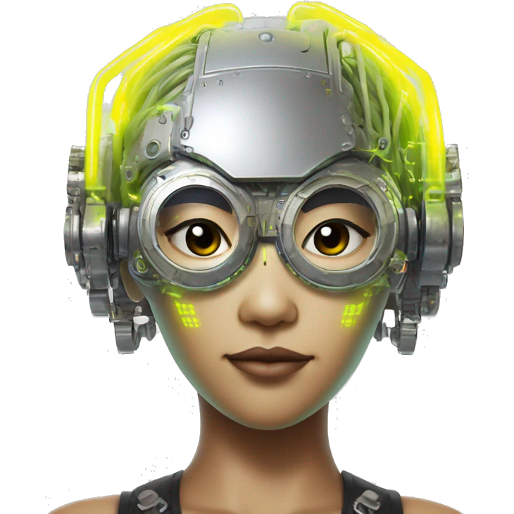 Neon yellow bobbed hair Asian female cyborg head with silver steampunk goggles and circuits emoji