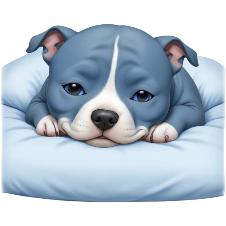 Meme-Worthy Cute Sleeping Blue Staffordshire Bull Terrier Portrait Emoji, Head resting peacefully with a contented smile, showcasing a delightfully compact build and a luxuriously soft blue Fur, eyes shut in a serene nap, Simplified yet hilariously adorable features, highly detailed, glowing with a soft, drowsy light, high shine, relaxed and utterly lovable, stylized with an air of playful laziness, bright and heartwarming, soft glowing outline, capturing the essence of a comically sleepy guardian, so meme-worthy it feels like it could instantly become the next viral sensation of adorable slumber! emoji