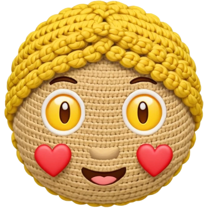 Cute Yellow face emoji crocheting with hearts around head  emoji