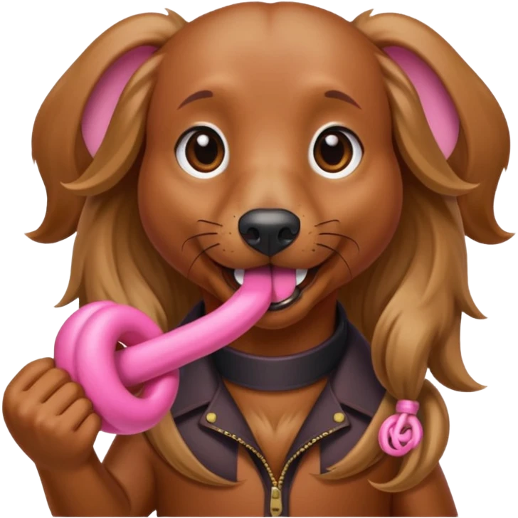 Brown long haired weiner dog holding pink monkey fist weapons in her mouth emoji