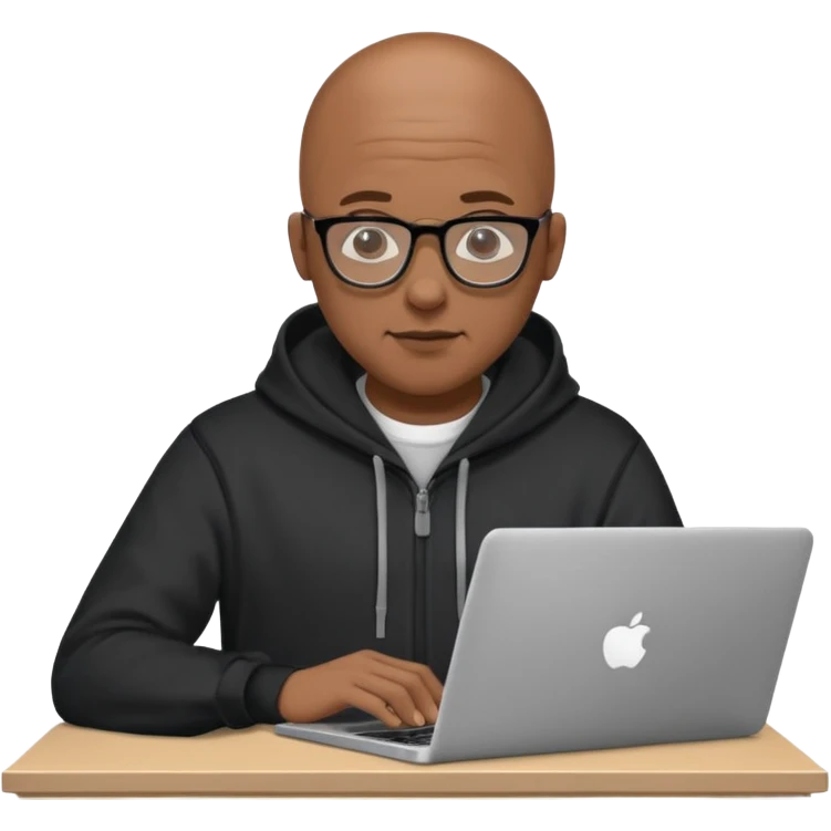 Bald Black guy with glasses wearing a black hoodie and working on a laptop doing a cad model emoji