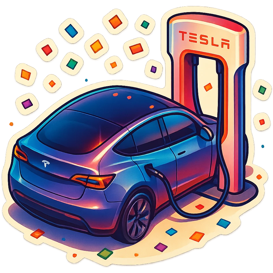 A Tesla Model Y parking at a supercharger, from above, with confetti emoji