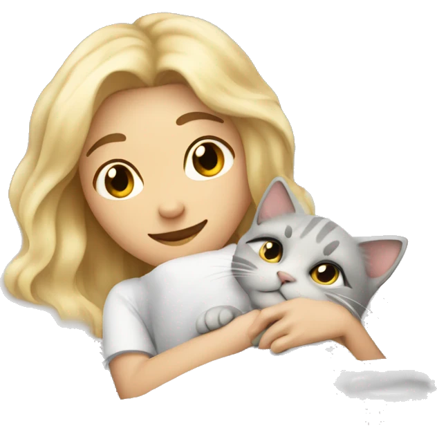 blonde lying in white bed with loose hair and hugging light gray cat emoji