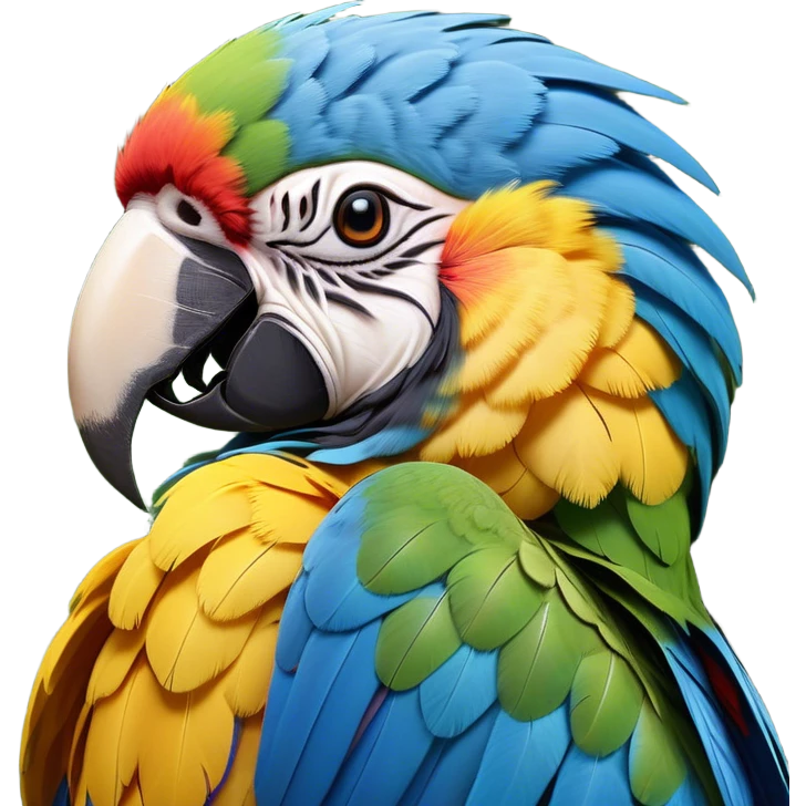 Meme-Worthy cute Sleeping Macaw Portrait Emoji, Head resting peacefully with a contented smile, showcasing a cascade of colorful feathers and eyes gently closed in serene slumber, Simplified yet comically adorable features, highly detailed, glowing with a soft, drowsy tropical light, high shine, relaxed and utterly lovable, stylized with an air of playful laziness, bright and heartwarming, soft glowing outline, capturing the essence of a sleeping parrot that feels destined to become the next viral icon of adorable rest! emoji