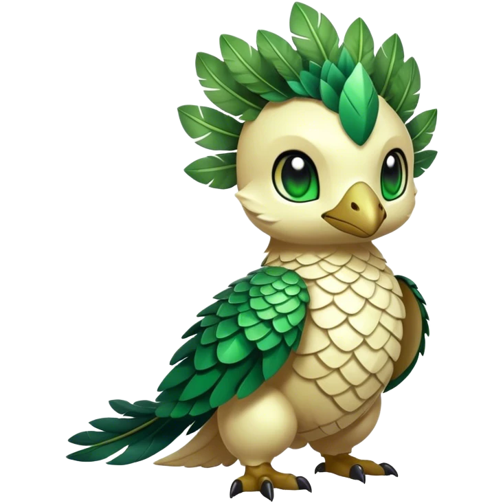 Cute cool fantasy animal hybrid Fakemon full body, green scales, leaves, feathers, emoji
