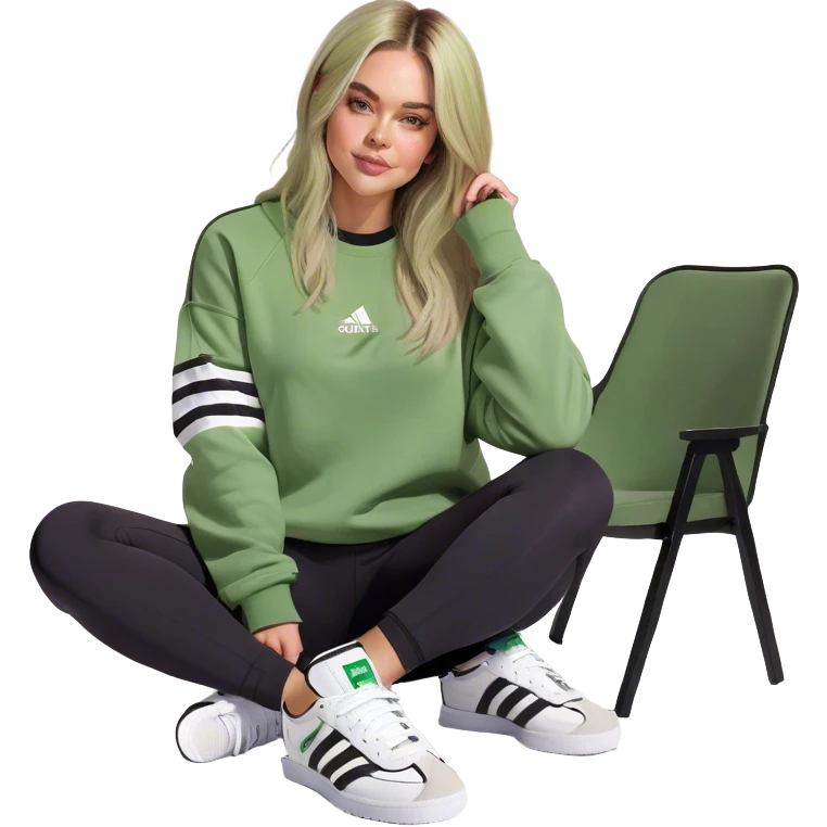 Girl long bright blonde highlighted hair middle part with rosy cheeks and plump mauve lips green eyes and wearing a white sweatshirt and black leggings with black and white adidas OG Samba sneakers sitting in a cozy chair posing with legs over the side of chair  emoji