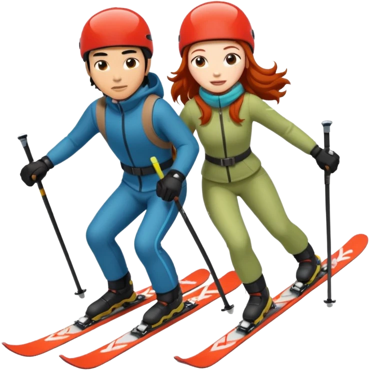 long black haired asian guy skiing with redhead girl emoji