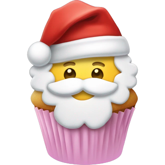 Frosted cupcake decorated like Santa with a red hat, rosy cheeks, and a white beard emoji