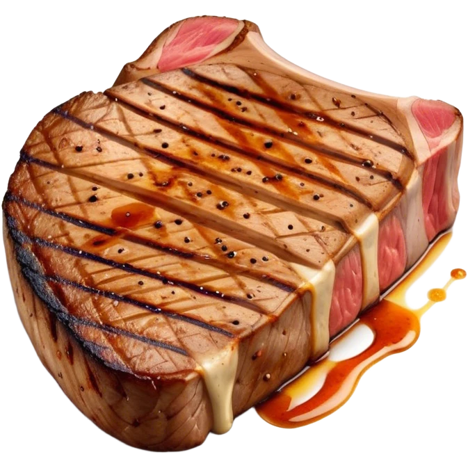 Cinematic thick-cut scotch t-bone steak, perfectly seared with grill marks, a grilled center, rich and savory, warm glow, sizzling and mouthwatering, highly detailed and appetizing. emoji