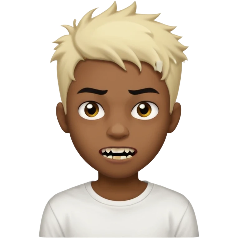 Black Male Teenager with Short punk messy blonde hair, Dark brown bushy eyebrows large expressive golden-brown eyes, wearing a plain white t-shirt, Dark Brown skin color. vampire tooth emoji