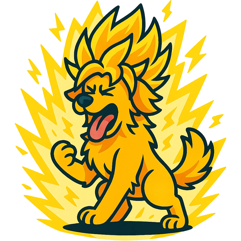 golden retriever in cartoon style, transforming into super saiyan with yellow energy and wild hair, dynamic and energetic emoji
