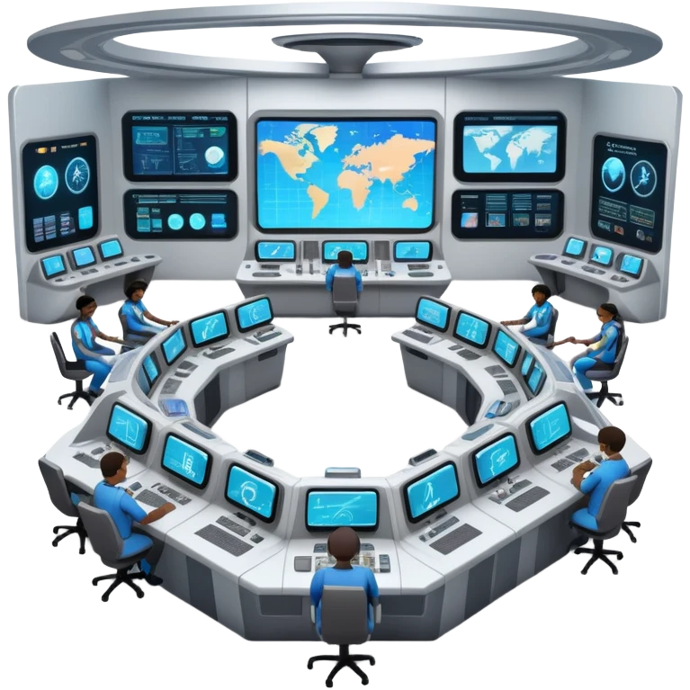 futuristic space mission control room with holographic displays and mission controllers at stations emoji